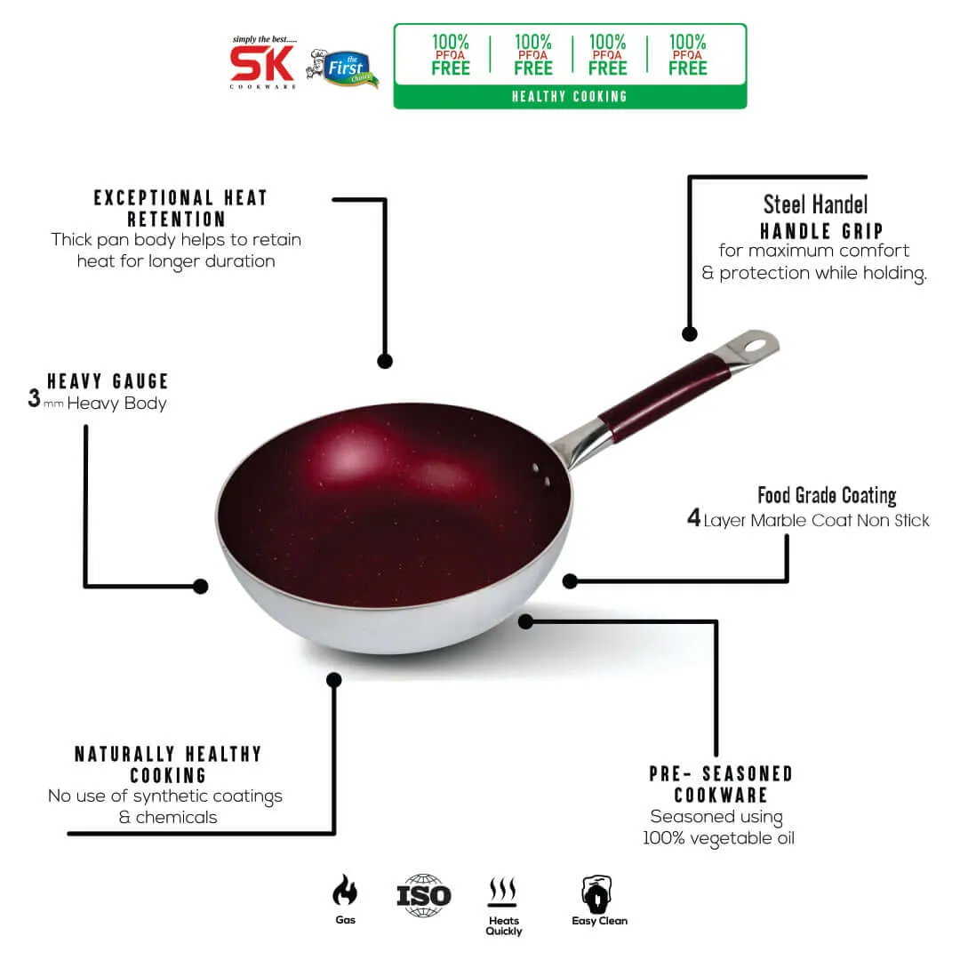 Maroon Mirror Polish Steno Deep Wok Frying Pan inside Marble Coat