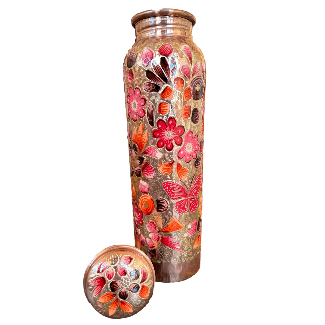 Mexican Copper 1 L / 33 oz. Water Bottle- Hand Painted Rose FLores