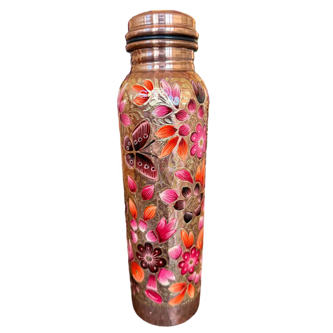 Mexican Copper 1 L / 33 oz. Water Bottle- Hand Painted Rose FLores