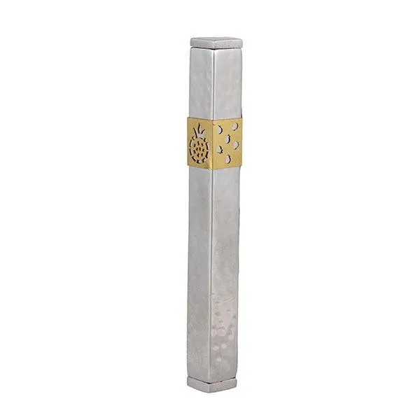 Mezuzah "Shin" Stainless Steel 12 cm - Pomegranates - Hammer Work   Brass