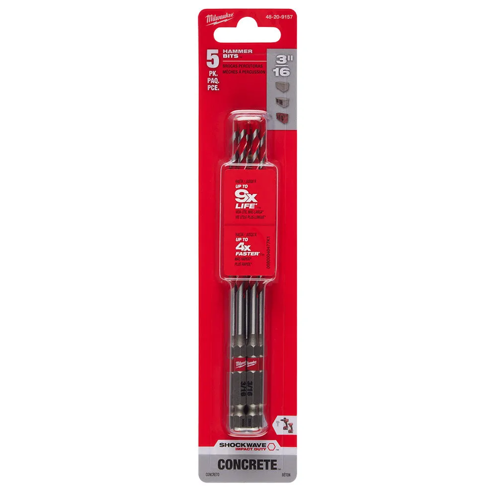 Milwaukee 48-20-9157 3/16" SHOCKWAVE™ Carbide Hammer Drill Bits 5PK