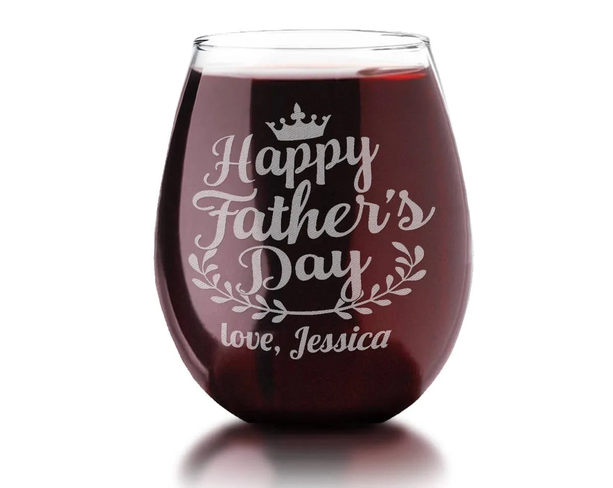 ONE 21oz Happy Father's Day Personalized Wine Stemless Glass Engraved Unique Dad Gift for Wine Lovers Papa Daddy Mug for him from Kids