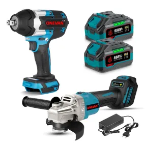 ONEVAN 1/2" 1800N·m Impact Wrench & 125mm Grinder Brushless Cordless 2‑Pc. Combo Kit 6.0Ah