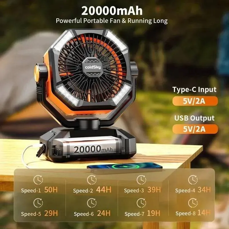 Portable Camping Fan 20000mAh Battery Operated with Dual Motor - 4 LED Lantern 8 Speeds Desk Mini Fan Remote Control Included