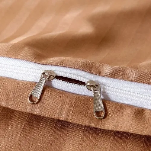 Premium King Size 6 Pieces Bedding Set without filler, Solid Brown Tan Color, Satin Stripe Design.