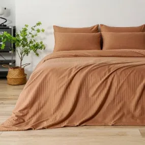 Premium King Size 6 Pieces Bedding Set without filler, Solid Brown Tan Color, Satin Stripe Design.