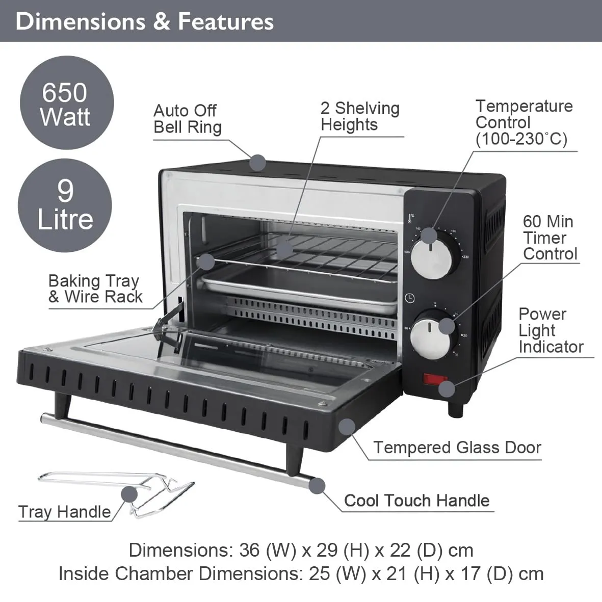 Quest 35409 Compact 9L Mini Oven/Temperature Controlled from 100-230° / 60 Minute Timer with Auto Shut Off / 650W / Tempered Glass Door / 36.5 cm x 28.5 cm x 22.1 cm, Black