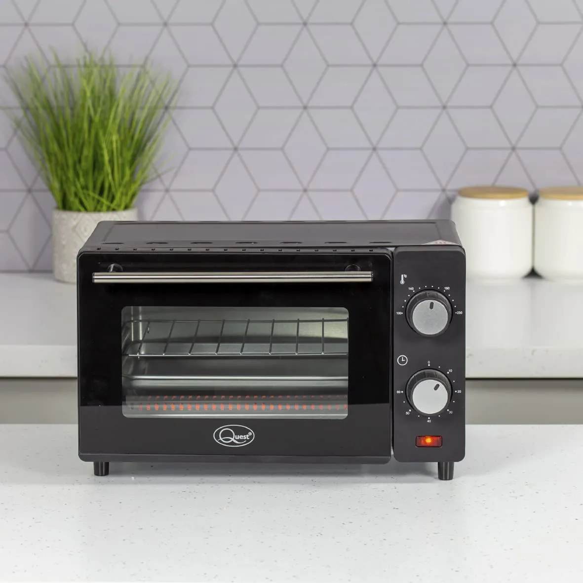 Quest 35409 Compact 9L Mini Oven/Temperature Controlled from 100-230° / 60 Minute Timer with Auto Shut Off / 650W / Tempered Glass Door / 36.5 cm x 28.5 cm x 22.1 cm, Black