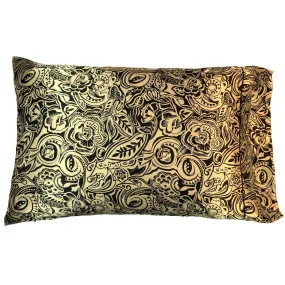 Satin Accent Boudoir Pillow. Gold with Black Flowers and Leaves