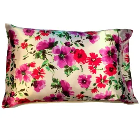 Springtime Satin Pillow, White, Purple, Pink and Green Flowers