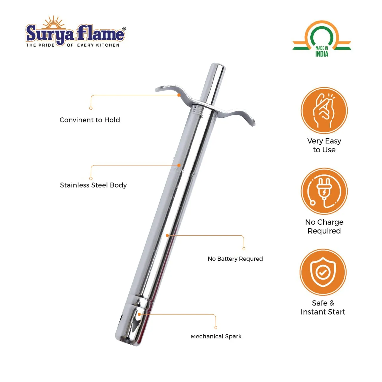 Surya Flame Apollo Square Hob Top 3 Burners Manual Glass Stove | LPG Gas Dual Layer Rubber Hose Pipe 1.5M | Chrome Stainless Steel Gas Lighter (Pack of 2)