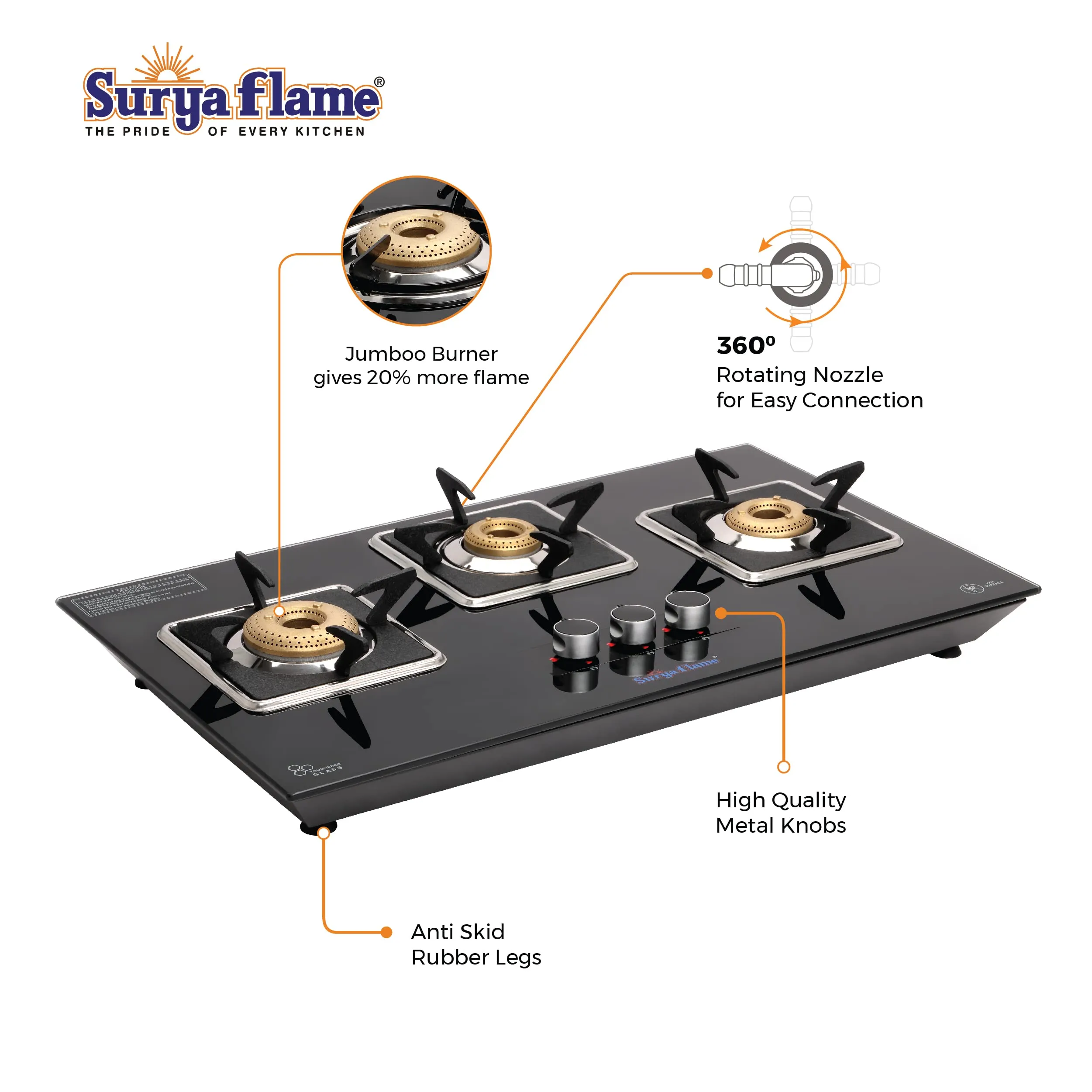 Surya Flame Apollo Square Hob Top 3 Burners Manual Glass Stove | LPG Gas Dual Layer Rubber Hose Pipe 1.5M | Chrome Stainless Steel Gas Lighter (Pack of 2)