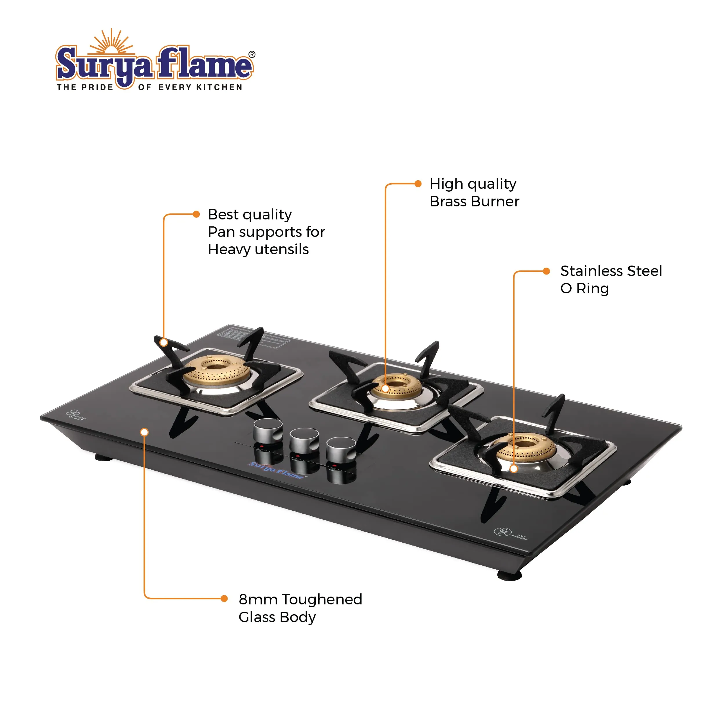 Surya Flame Apollo Square Hob Top 3 Burners Manual Glass Stove | LPG Gas Dual Layer Rubber Hose Pipe 1.5M | Chrome Stainless Steel Gas Lighter (Pack of 2)