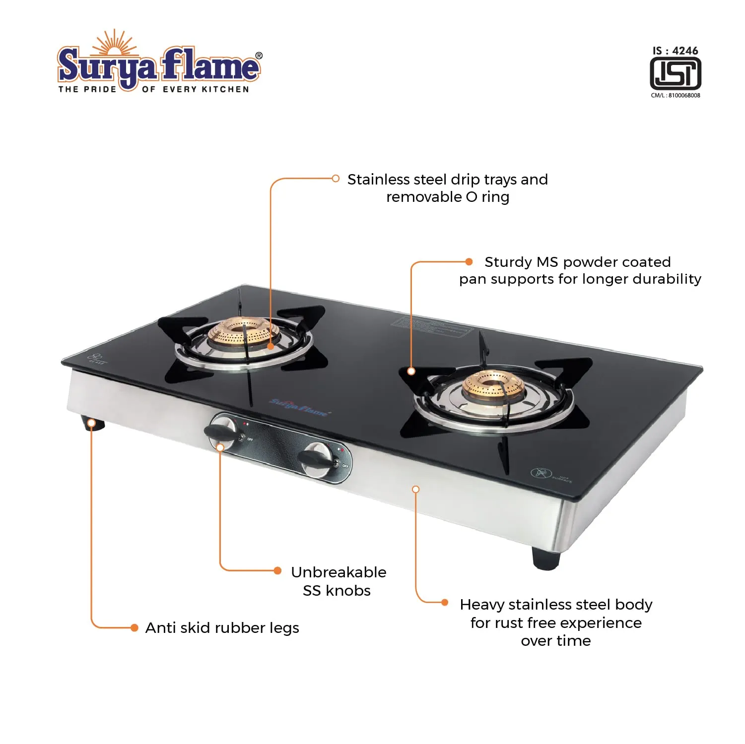 Surya Flame Supreme Gas Stove 2 Burners Glass Top LPG Stove | LPG Gas Dual Layer Rubber Hose Pipe 1.5M | Chrome Stainless Steel Gas Lighter (Pack of 2)