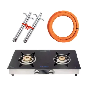 Surya Flame Supreme Gas Stove 2 Burners Glass Top LPG Stove | LPG Gas Dual Layer Rubber Hose Pipe 1.5M | Chrome Stainless Steel Gas Lighter (Pack of 2)