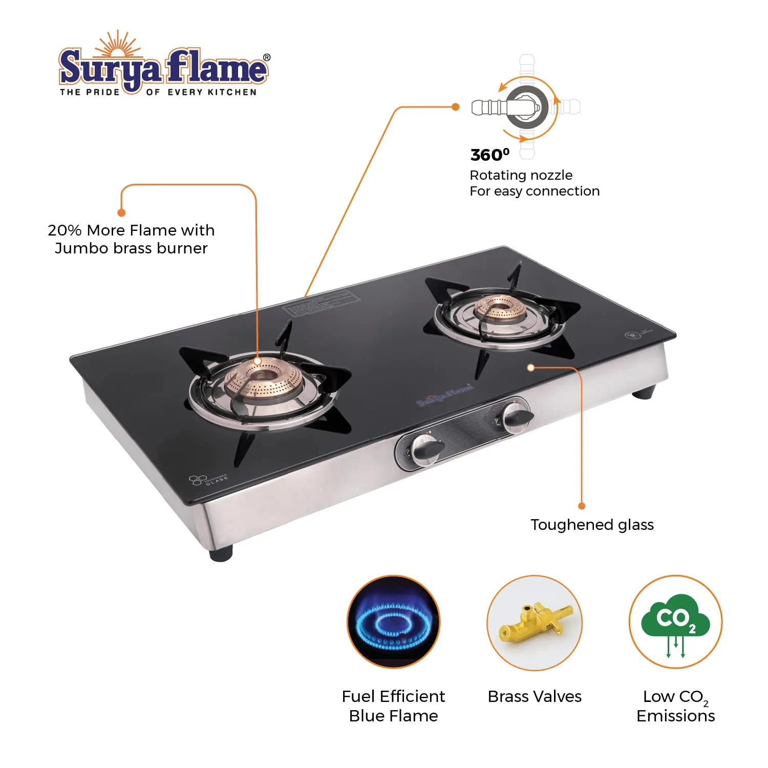 Surya Flame Supreme Gas Stove 2 Burners Glass Top LPG Stove | LPG Gas Dual Layer Rubber Hose Pipe 1.5M | Chrome Stainless Steel Gas Lighter (Pack of 2)