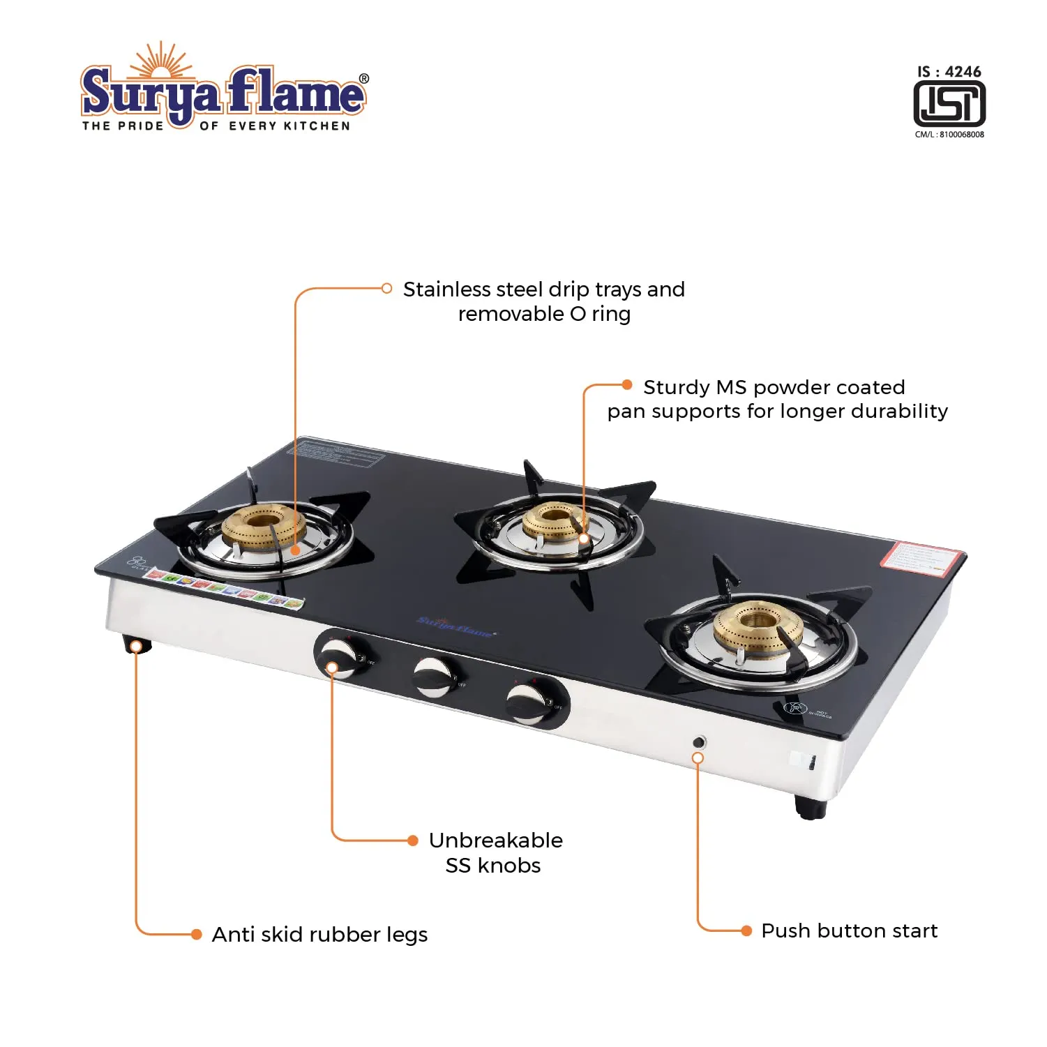 Surya Flame Supreme Gas Stove 3 Burners Glass Top LPG Stove | LPG Gas Dual Layer Rubber Hose Pipe 1.5M | Stainless Steel Elegant Gas Stove Lighter With Knife, Peeler Knife and Shredder (Pack of 4)