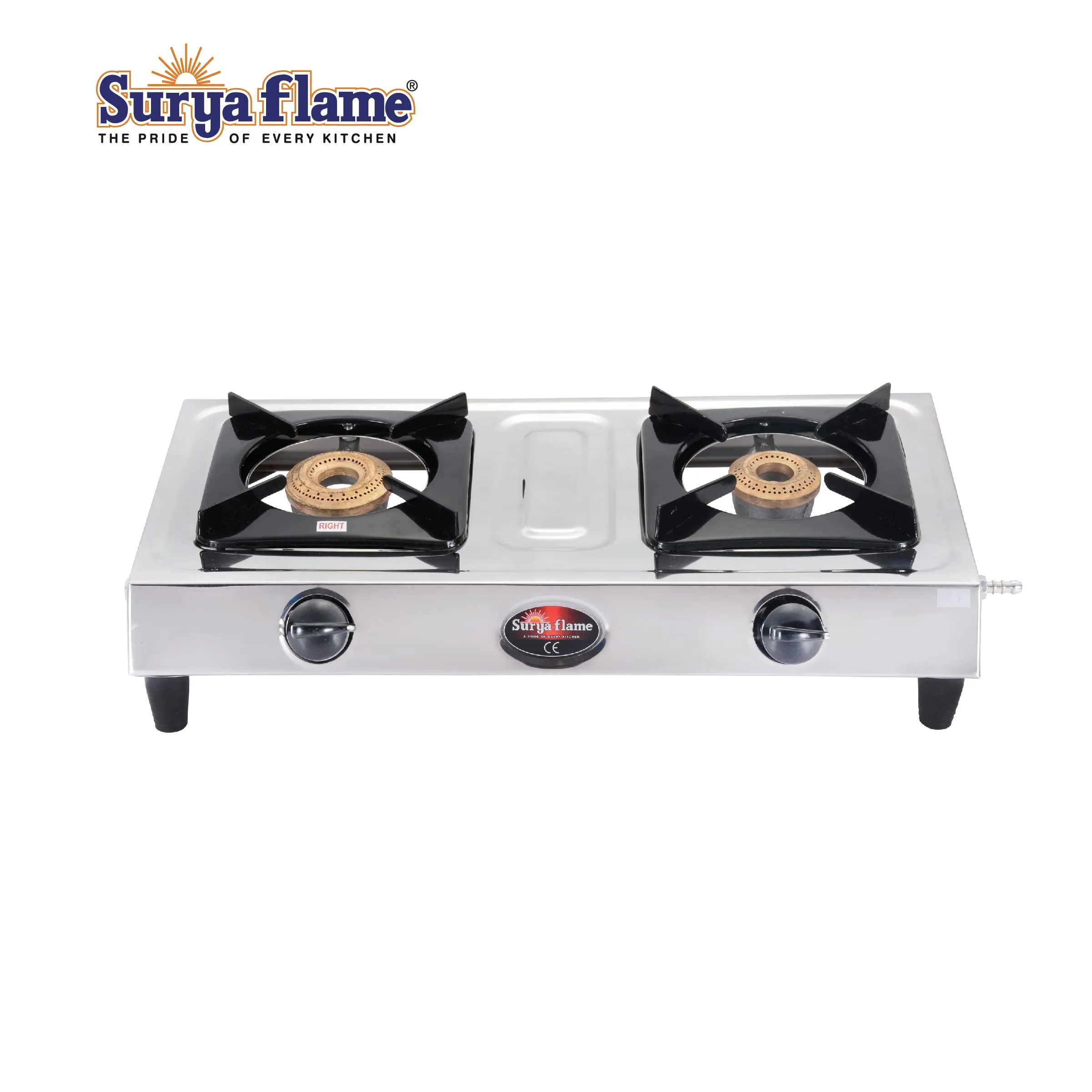 Surya Flame Vista Gas Stove 2 Burners Manual LPG Stove | LPG Gas Dual Layer Rubber Hose Pipe 1.5M | Premier Stainless Steel Gas Lighter with Knife