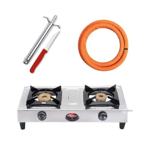 Surya Flame Vista Gas Stove 2 Burners Manual LPG Stove | LPG Gas Dual Layer Rubber Hose Pipe 1.5M | Premier Stainless Steel Gas Lighter with Knife