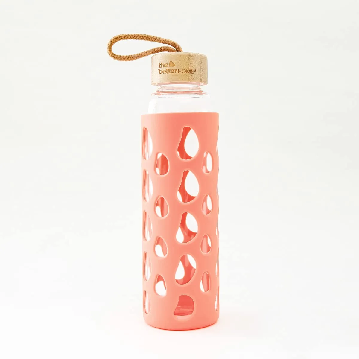 The Better Home Borosilicate Glass Water Bottle with Sleeve 550ml | Non Slip Silicon Sleeve & Bamboo Lid | Water Bottles for Fridge | Coral (Pack of 50)