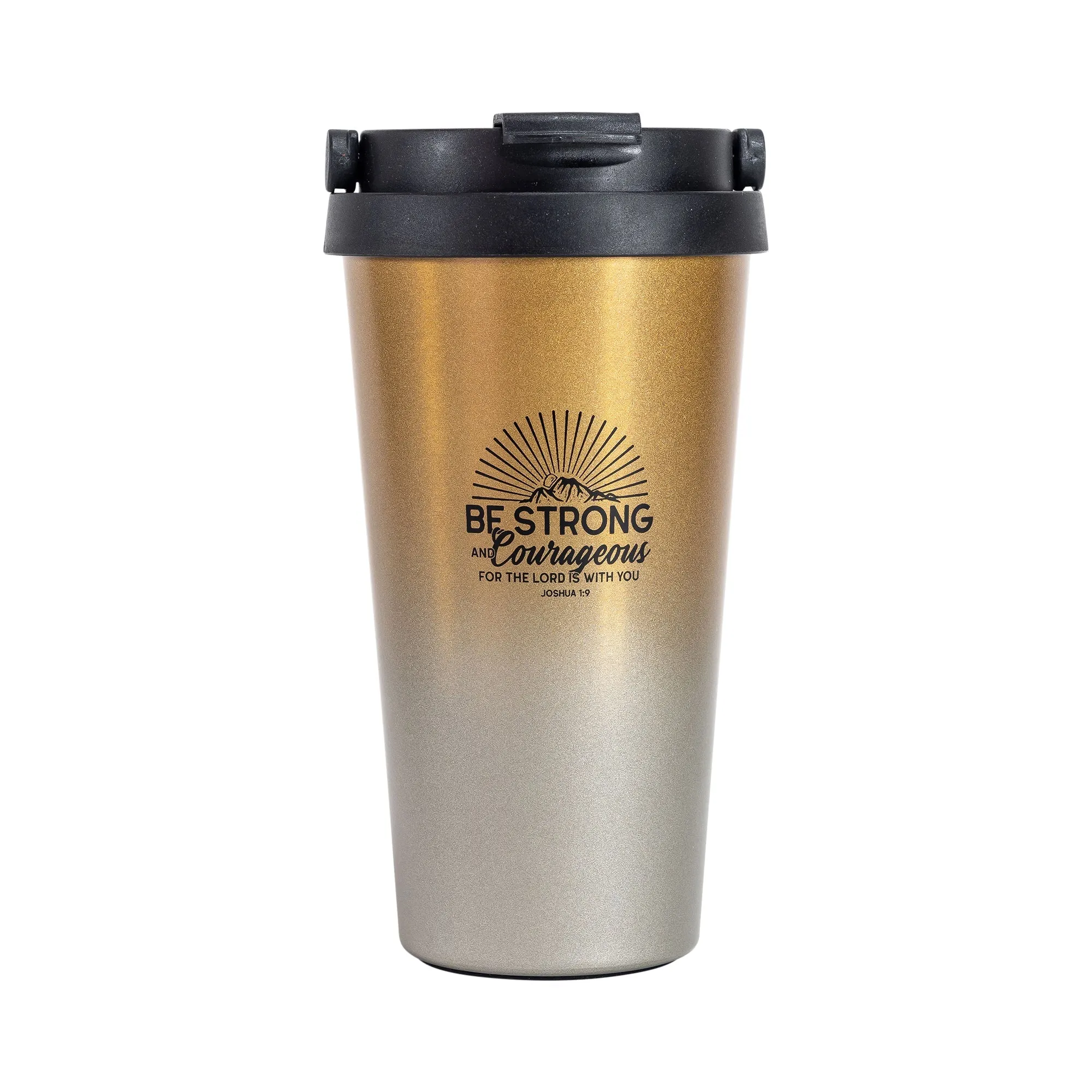 Travel Mug-Be Strong & Courageous-Black Ink/Gold Mug