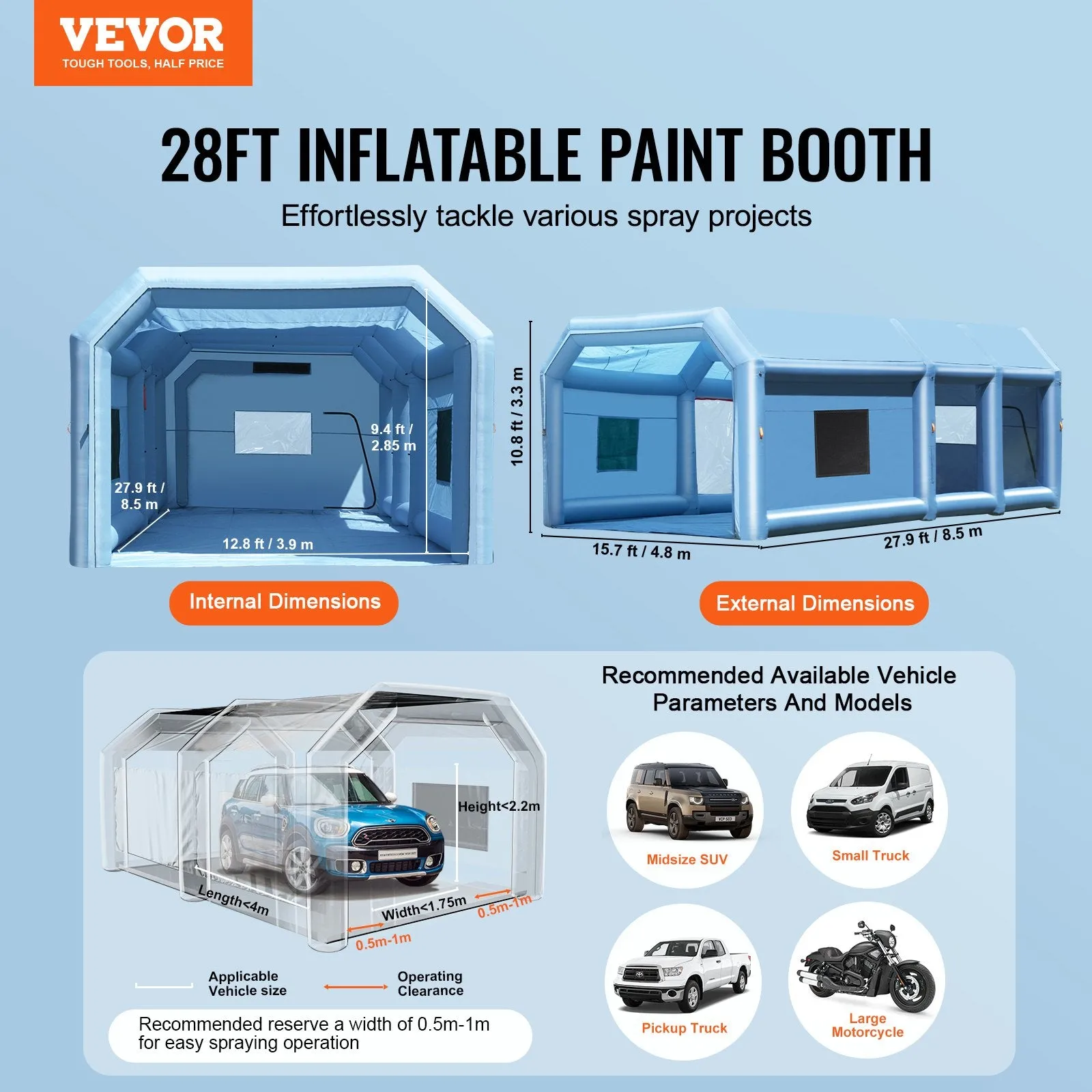 Vevor Inflatable Paint Booth 27.9' x 15.7' x 10.8' 950W Inflation 750W Ventilation Blowers with Air Filtration System New