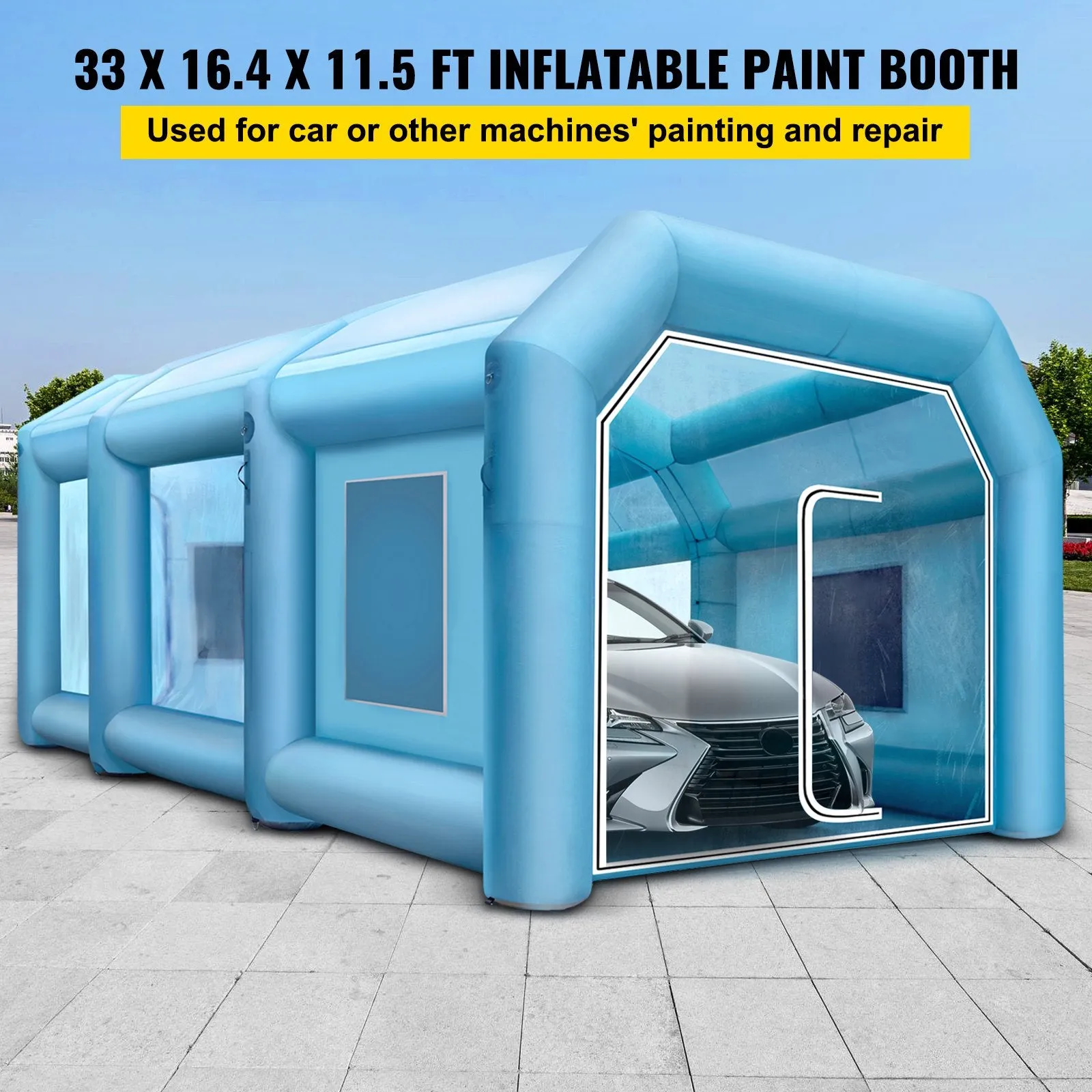 Vevor Inflatable Paint Booth 33' x 16.4' x 11.5' Spray Tent 1100W 370W Blowers Air Filter System New