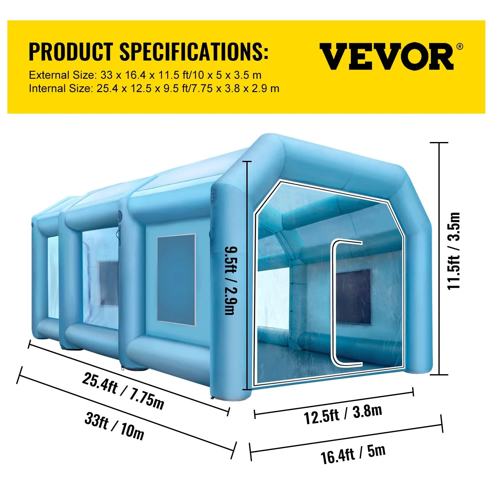 Vevor Inflatable Paint Booth 33' x 16.4' x 11.5' Spray Tent 1100W 370W Blowers Air Filter System New