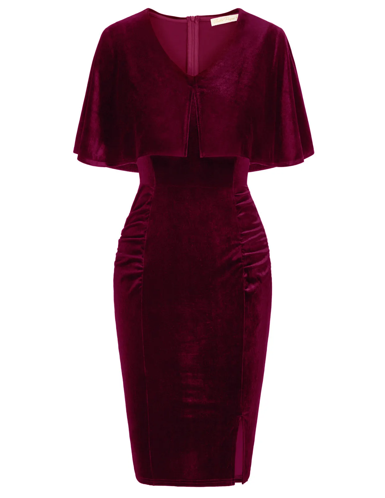 Vintage Fans Look of Vintage Velvet Dress Cape Sleeve V-Neck Ruched Bodycon Dress