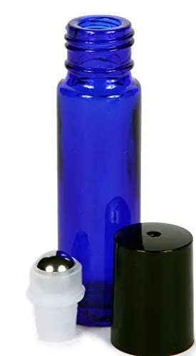 Vivaplex, 24, Cobalt Blue, 10 ml Glass Roll-on Bottles with Stainless Steel Roller Balls. 3 - 3 ml Droppers included