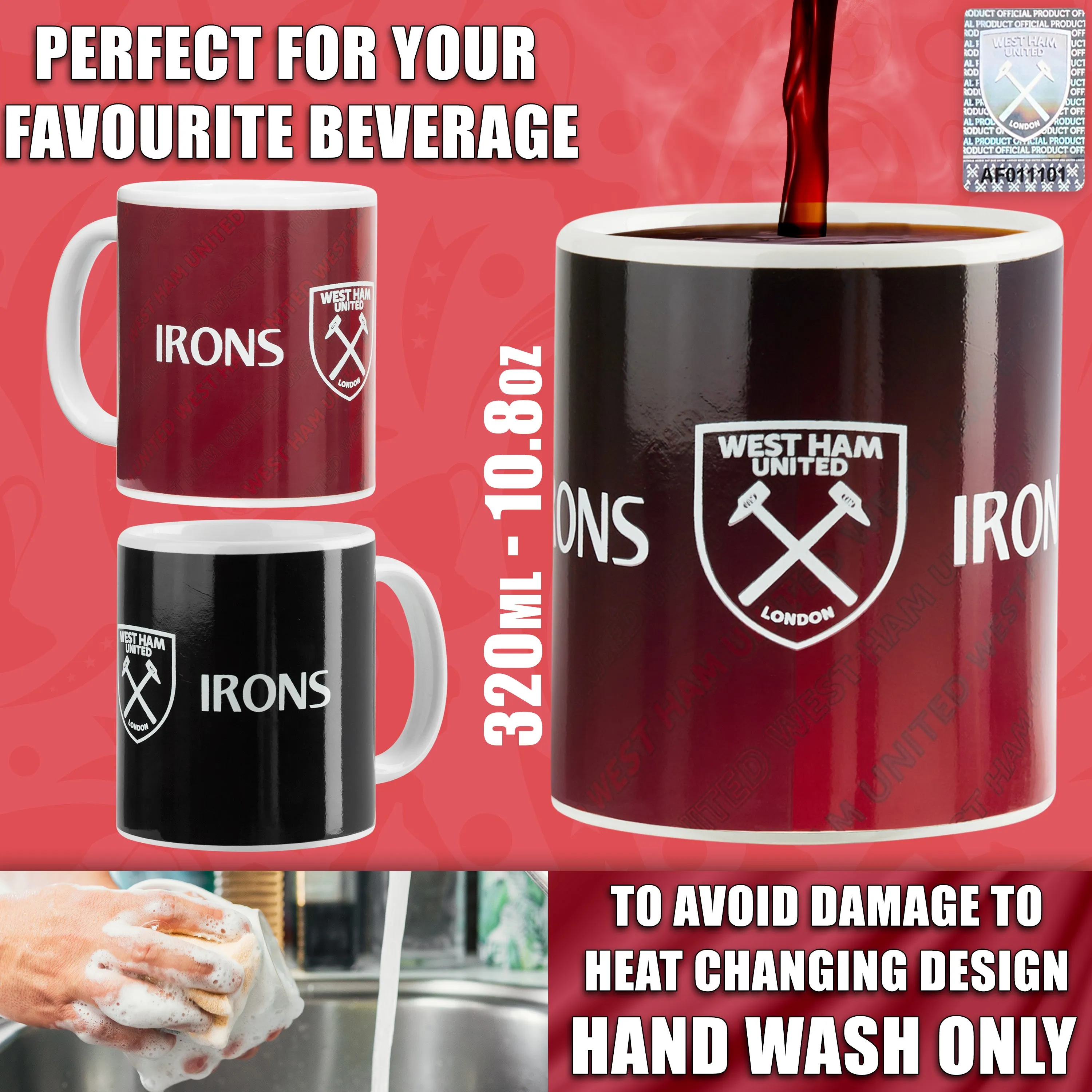 West Ham United F.C. Coffee Mug, 320ml Ceramic Heat Colour Changing Mug - Gifts for Him