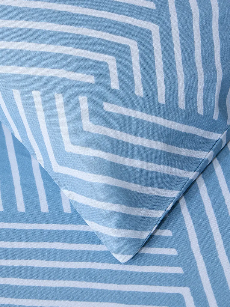 Westside Home Blue Printed Double Bed Fitted Sheet and Pillowcase Set