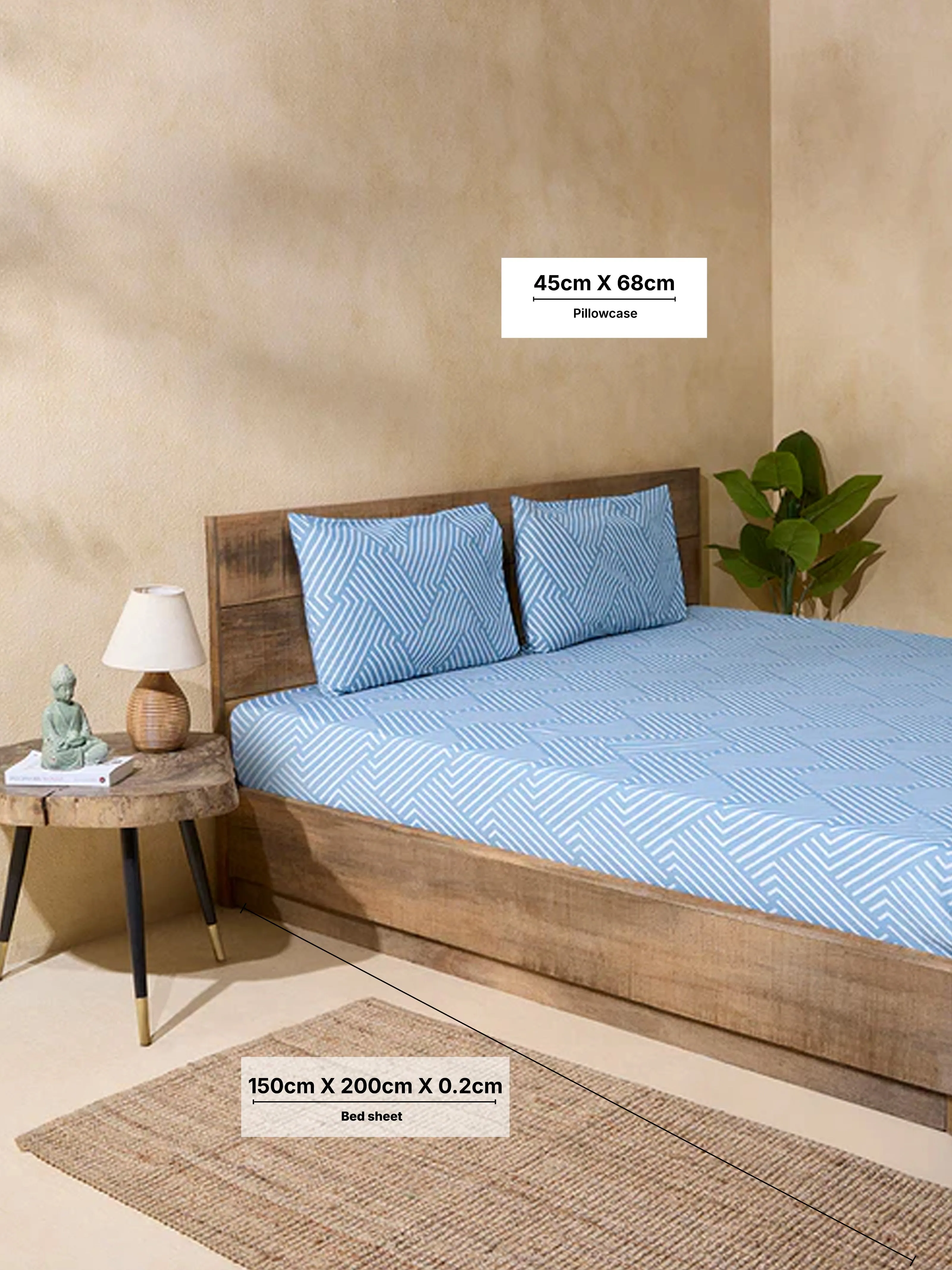 Westside Home Blue Printed Double Bed Fitted Sheet and Pillowcase Set