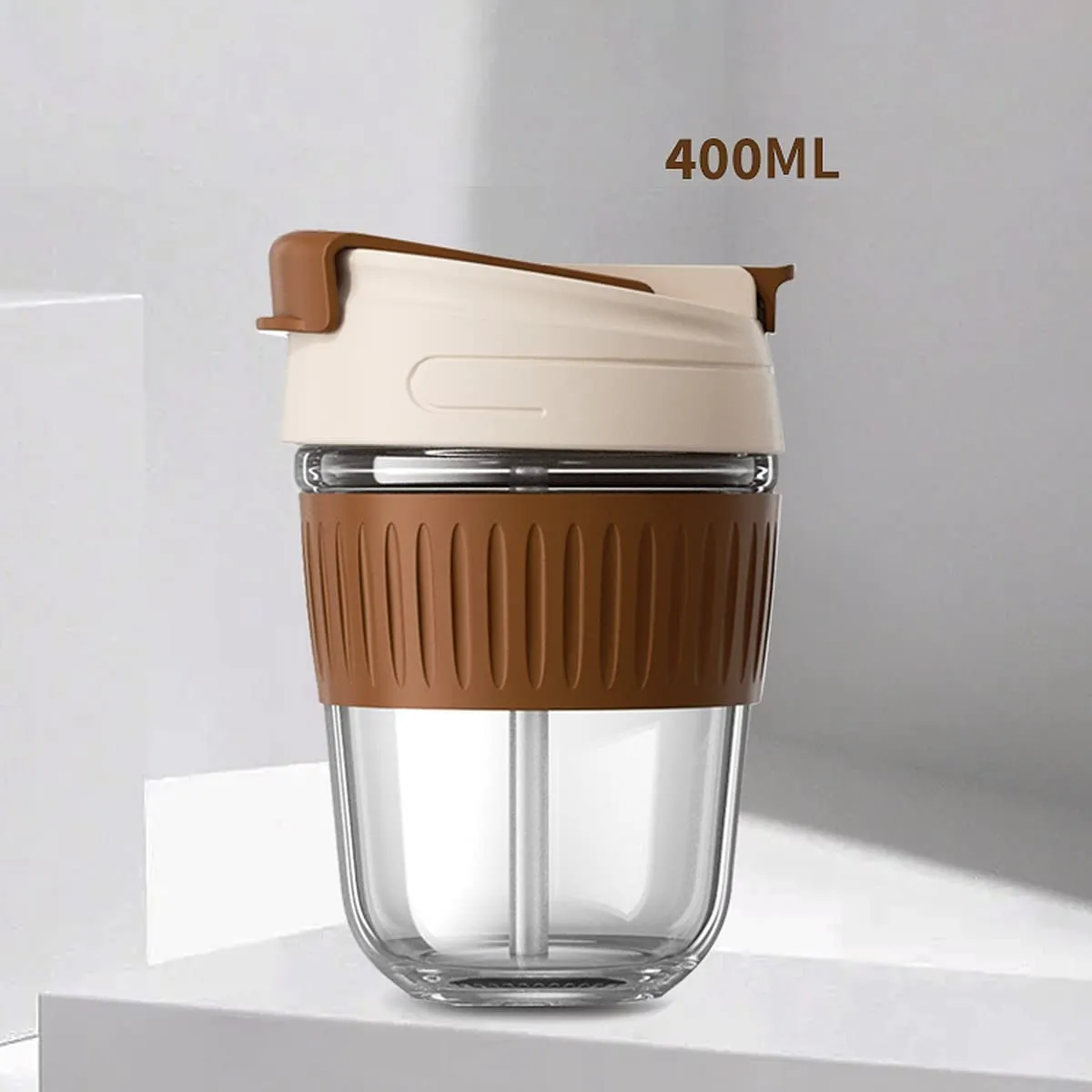 wolpin Travel Coffee Mug 400 ml Glass Coffee Mug with Lid Direct & Sipper Drinking Reusable Portable Mug Leakproof Non-Slip Heat-Resistance