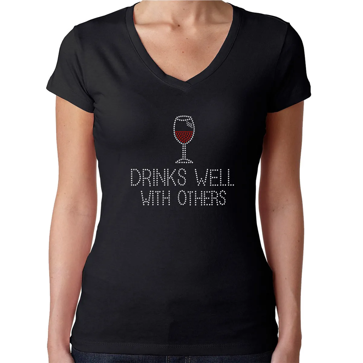 Womens T-Shirt Rhinestone Bling Black Fitted Tee Drink Well with Others Red Wine