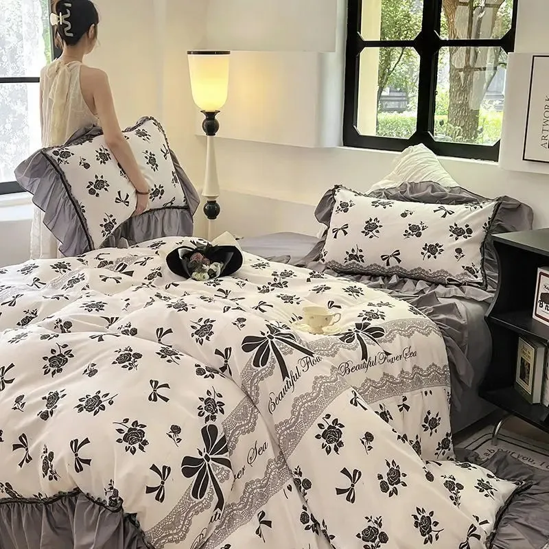 Yeknu French Retro Light Luxury Washed Cotton Four Piece Set Bedroom Lace Duvet Set Single Bedding Set Dormitory Bed Linen