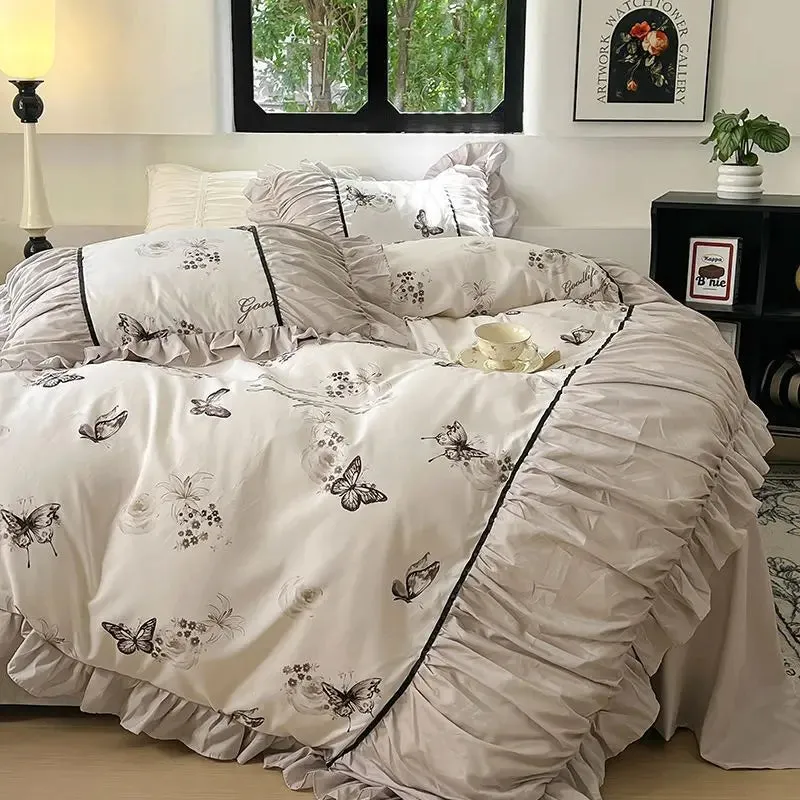 Yeknu French Retro Light Luxury Washed Cotton Four Piece Set Bedroom Lace Duvet Set Single Bedding Set Dormitory Bed Linen