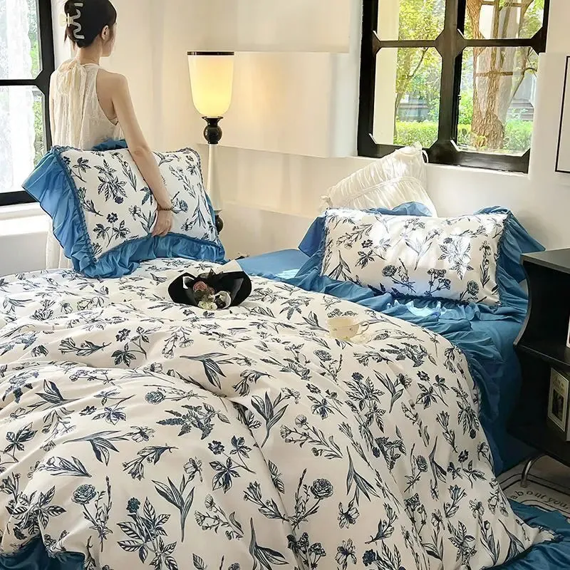 Yeknu French Retro Light Luxury Washed Cotton Four Piece Set Bedroom Lace Duvet Set Single Bedding Set Dormitory Bed Linen