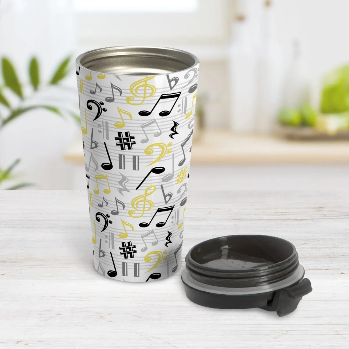 Yellow Music Notes Pattern Travel Mug