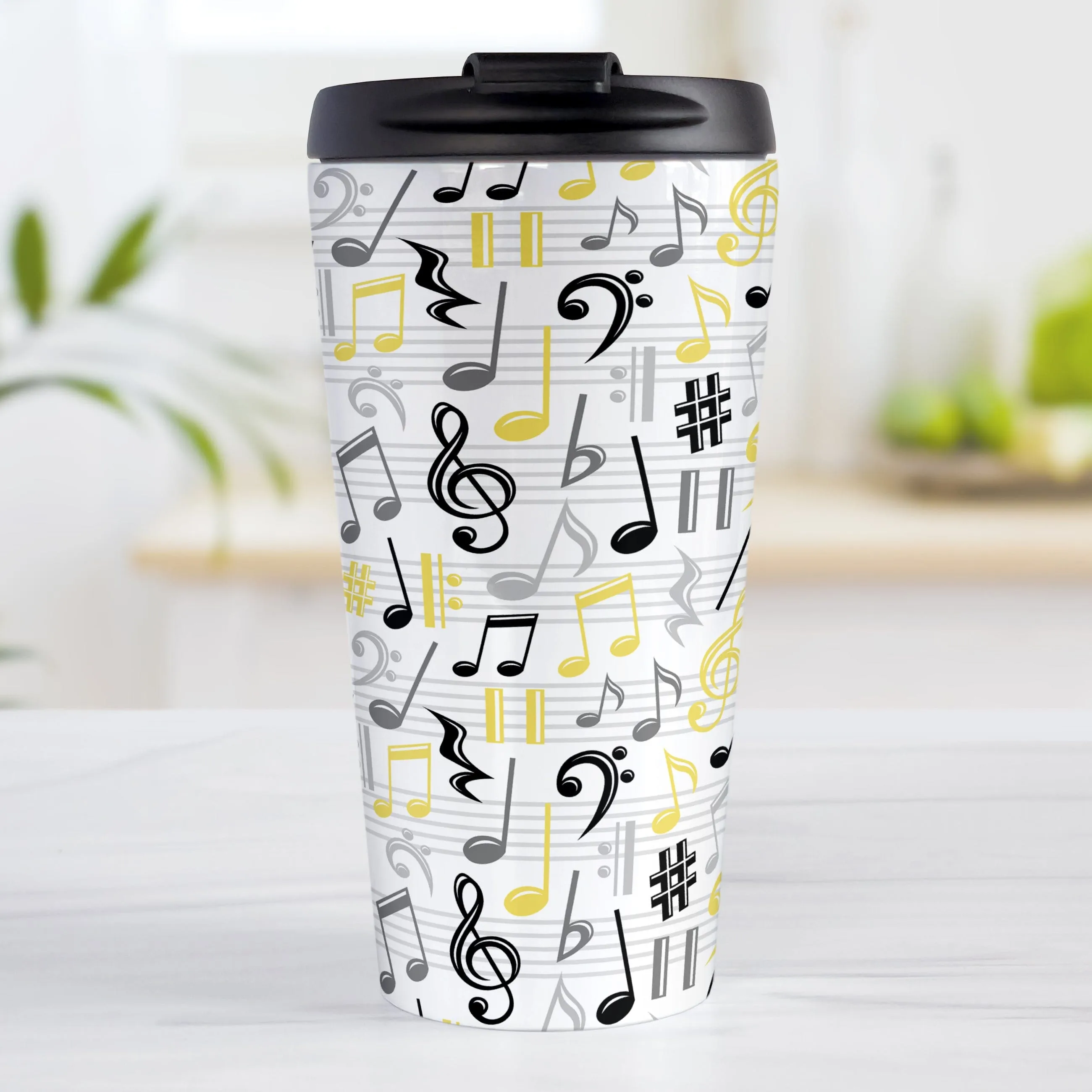 Yellow Music Notes Pattern Travel Mug